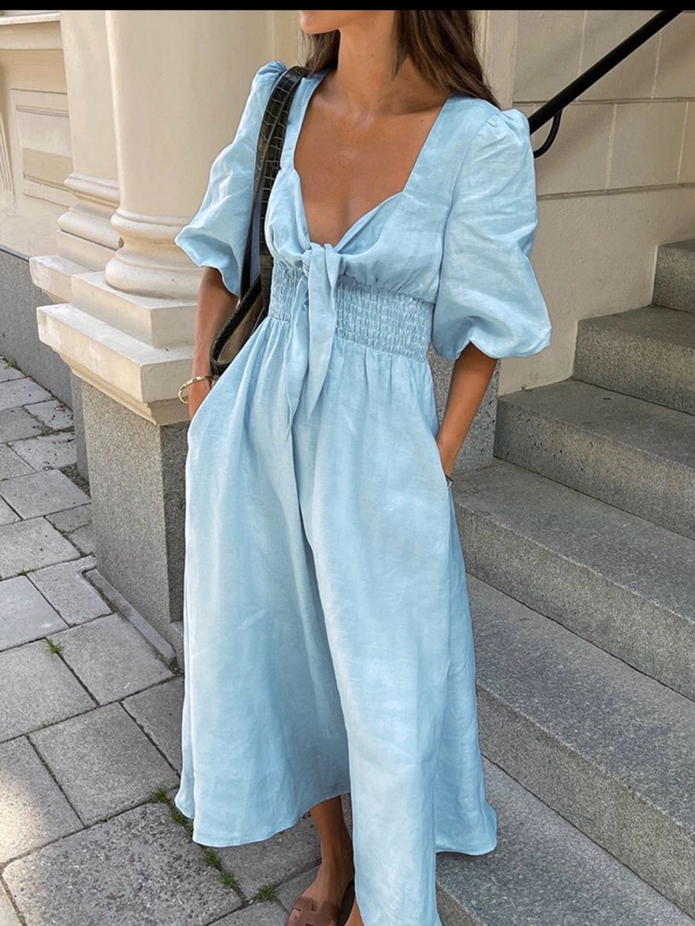 Commense Light Blue Puff Sleeve Tie-Front Jumpsuit